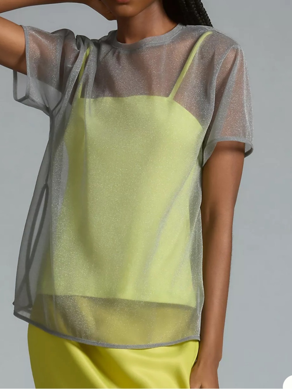 Anthropologie size M tank and mesh tee Metallic Gray Overlay Top with Lime Slip